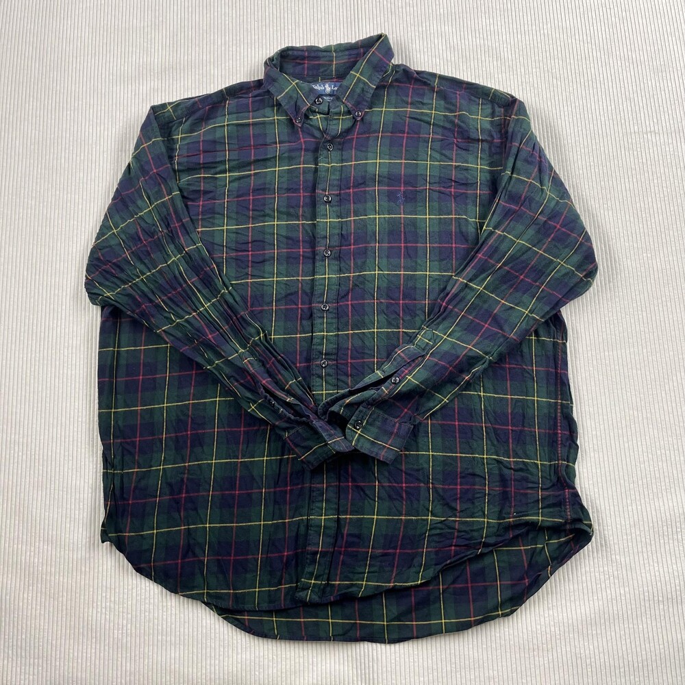 Ralph Lauren Shirt Mens L Green Plaid Flannel Long Sleeve Button Up Casual